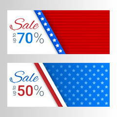 Wall Mural - Banners with stripes and stars in colors of the American flag. Set of modern vector horizontal banners. Sale, discount theme.