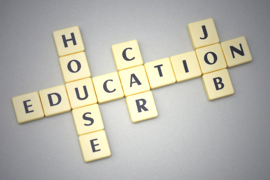 words education, house, car and job on a gray background