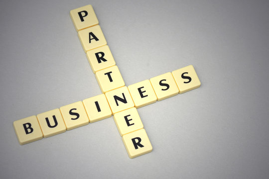 words business and partner on a gray background
