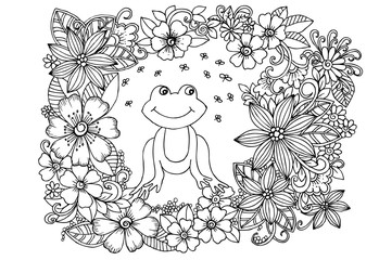 Poster - Frog in a garden. Handdrawn pattern for coloring