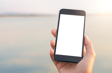Aufkleber - hand holing phone white screen at outdoor lifestyle