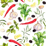 Fototapeta Kuchnia - Spices and herbs, Seamless cooking pattern. Watercolor