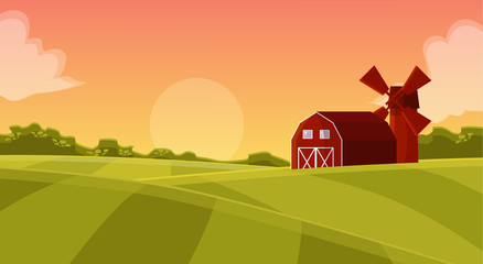 red hangar at the farmers field to the mill on agricultural land, natural landscape with green field