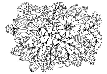 Canvas Print - Black and white adult coloring page with flowers and leaves