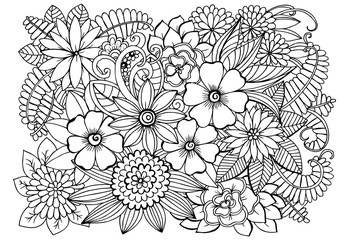 Wall Mural - Coloring page with flowers and leaves