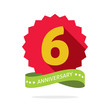 6th anniversary badge with shadow on red starburst and yellow number 6, six years anniversary icon. Sixth years symbol, sticker ribbon, emblem