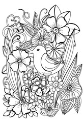 Bird in garden.Contrasted adult coloring page with flowers and leaves