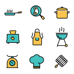 Sticker - Vector flat line kitchen and cooking icons set. Kitchen and Cooking Icon Object, Kitchen and Cooking Icon Picture - stock vector