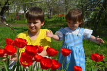 Мальчик и девочка весной с тюльпанами