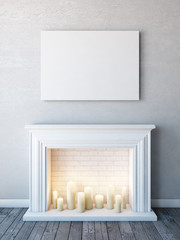 Horizontal poster mock up in neutral white interior with candle fireplace.