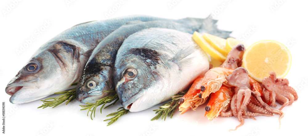 Fresh Mediterranean cocktail of fish on white background, close up