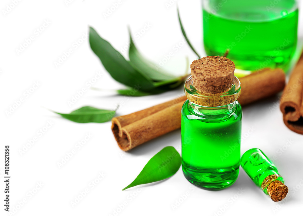 Bottles of tea oil and cinnamon, isolated on white
