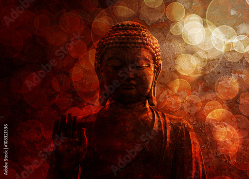 Bronze Red Zen Buddha Statue Raised Palm