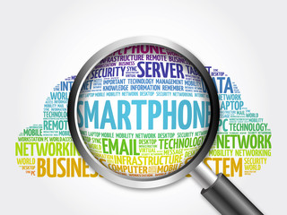 Poster - Smartphone word cloud with magnifying glass, business concept