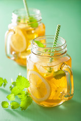 Canvas Print - ice tea with lemon and melissa in mason jars