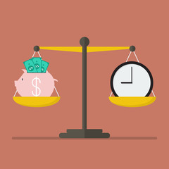 Piggy bank and Time balance on the scale