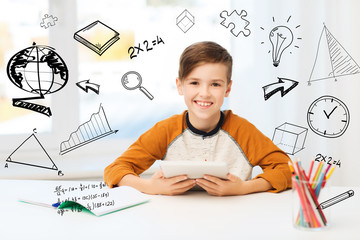 Wall Mural - smiling boy with tablet pc and notebook at home