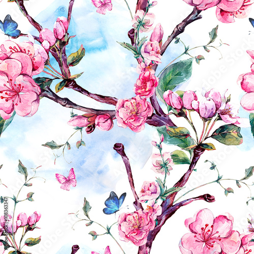 Cotton fabric Aquarell nahtlose Muster mit Blumen Aprikosenbaum Niederlassungen