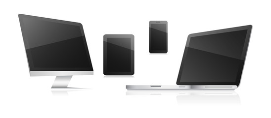 Poster - Technological communication devices on a white background. Computer, tablet, smart phone and laptop.
