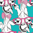 Seamless pattern with giraffes in the glasses and with bow. Vector illustration.