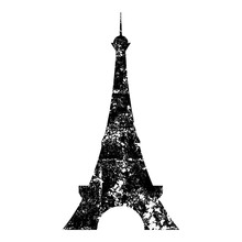 Isolated And Grunge Black Paris Eiffel Tower Front Silhouette Clip Art On White Background - Eps10 Vector Graphics And Illustration