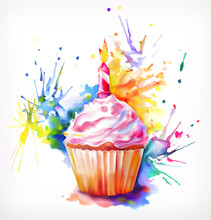 Watercolor Painting, Festive Cupcake With Candle, Vector Illustration, Isolated On A White Background