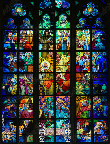 Stained Glass in Prague Cathedral by Alphonse Mucha плакат