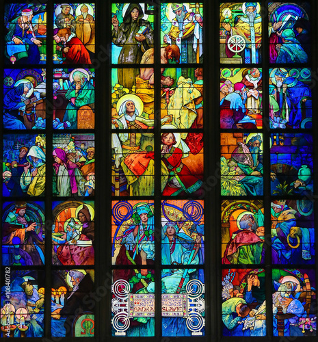 Stained Glass in Prague Cathedral by Alphonse Mucha плакат