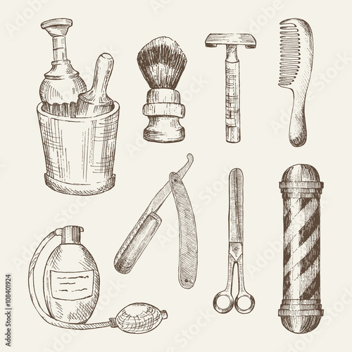 Fotografía Ilustraciones retro de elementos de peluquería.
