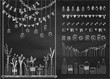 Set of hand drawn borders,garlands, jars, bottles with flowers. Chalkboard background. Doodle lamps, lanterns,flags, ornament, jars, bottles on swing. Plants, flowers, leaves.Used brushes included.