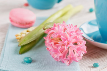 Wall Mural - Cup of black coffee and pink flower