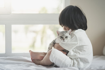 Asian baby playing with American Shorthair  kitten