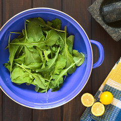 Wall Mural - Rucola (lat. Eruca sativa) leaves in blue metal strainer with lemon, mortar and pestle, photographed on dark wood with natural light