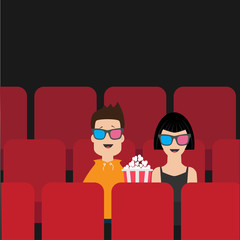 Poster - Love couple sitting in movie theater eating popcorn. Film show Cinema background. Viewers watching movie in 3D glasses. Red seats hall. Flat design