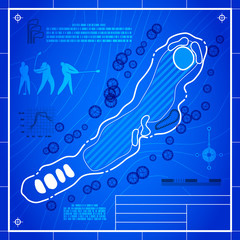 Wall Mural - golf course layout. abstract design stylized blueprint technical drawing. white symbol on blue topog