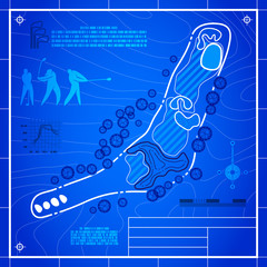 Wall Mural - Golf course layout. Abstract design stylized blueprint technical drawing. White symbol on blue topographic background