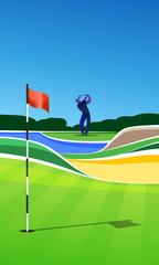 Wall Mural - golfer at golf course. golf hole vector green tee background illustration with sand bunker and water
