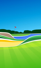Wall Mural - golf hole vector green tee background illustration with sand bunker and water hazard