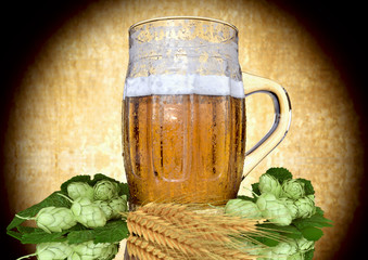 Wall Mural - glass of beer with barley and hops - 3D ender