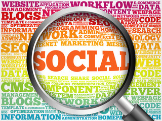 Poster - Social word cloud with magnifying glass, business concept
