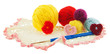 © MySunnyday - knitwear, yellow, red, blue, grey ball of yarn, crochet red hearts, pin