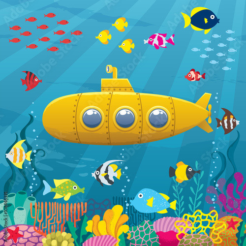 Láminas Submarine Background / Cartoon yellow submarine underwater.