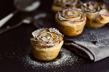 Mini Apple Roses Puff Pastry With Icing Sugar.