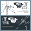 Vector gift voucher template with hand drawn outline bow ribbons. Black and white doodle holiday cards. Design concept for gift coupon, invitation, certificate, flyer, banner, ticket.