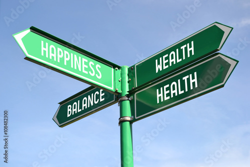 Fotografía Wealth, health, happiness, balance signpost