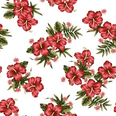 Wall Mural - Red Tropical Flowers Seamless Pattern