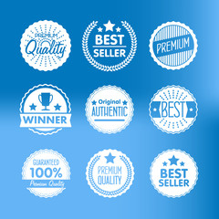 Wall Mural - Collection of Premium Quality, Guarantee Labels, Best Seller and Winner icon with retro vintage styled design. Outline symbol collection. Stroke bitmap logo concept for web graphics. 