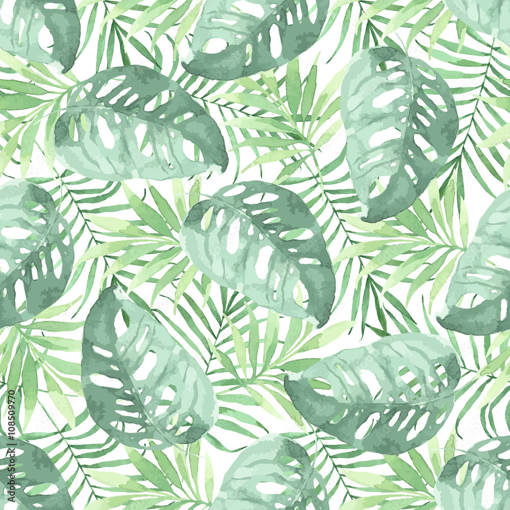 Foto-Kissen premium - Tropical seamless pattern with leaves. Watercolor background with tropical leaves.