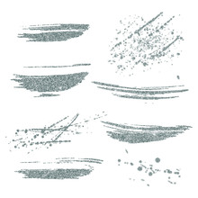 Vector Silver Paint Smears Set. Silver Glitter Element On White Background. Silver Shiny Paint Stroke. Abstract Silver Glitter Dust. Silver Glittering Paint Stains.