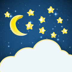 Wall Mural - night sky background with cartoon stars and moon and cloud frame